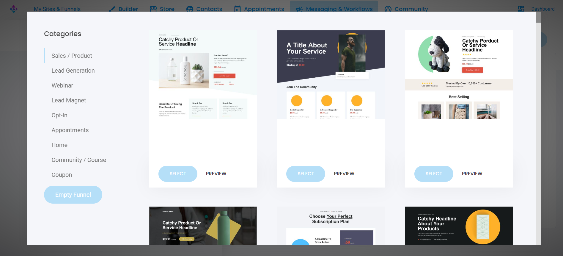 LaunchCore website and funnel builder view